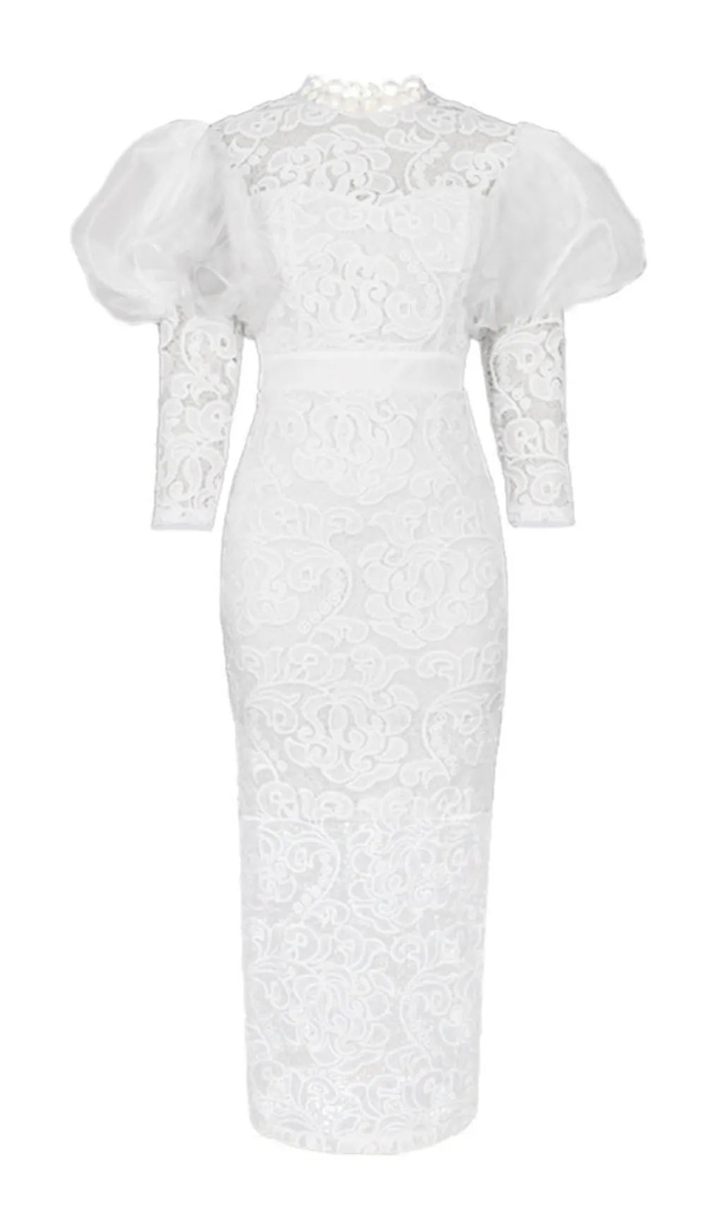 Aithne White Puff Sleeve Lace Midi Dress