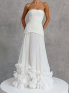 Ovarq Strapless Pleated Flower Maxi Dress In White Flowering Girl
