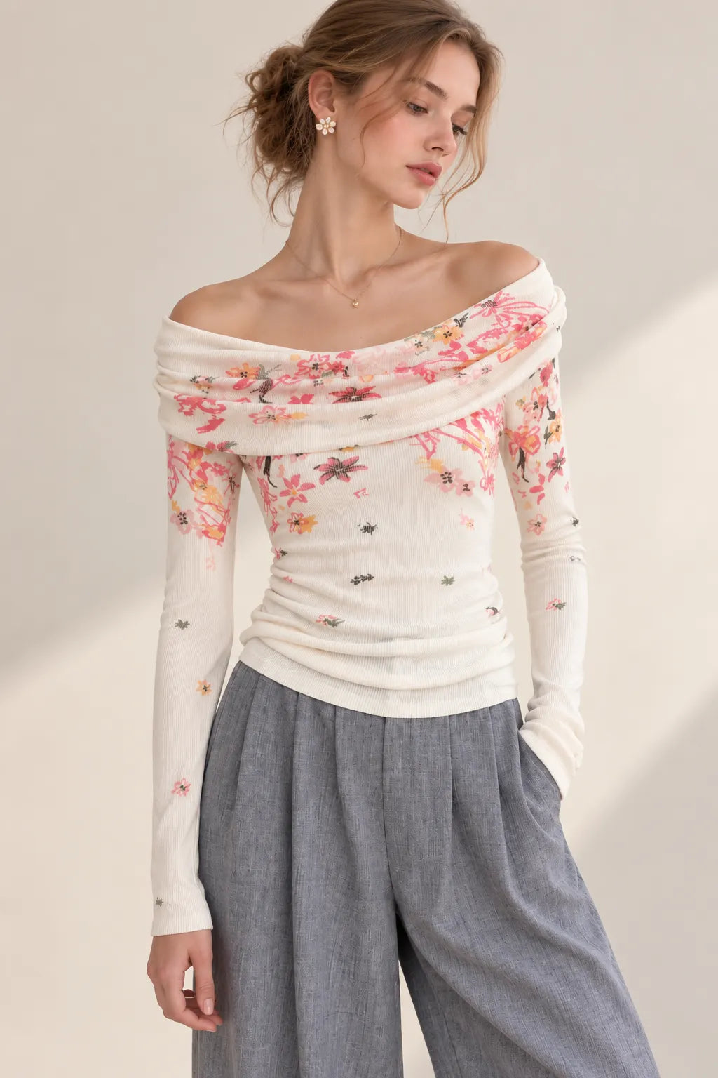 Off-White Lightweight Fine Knit Fitted With Draped Neckline Top Flowering Girl