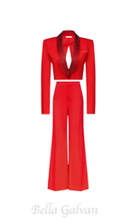 crystal-embellished red cropped blazer set Flowering Girl