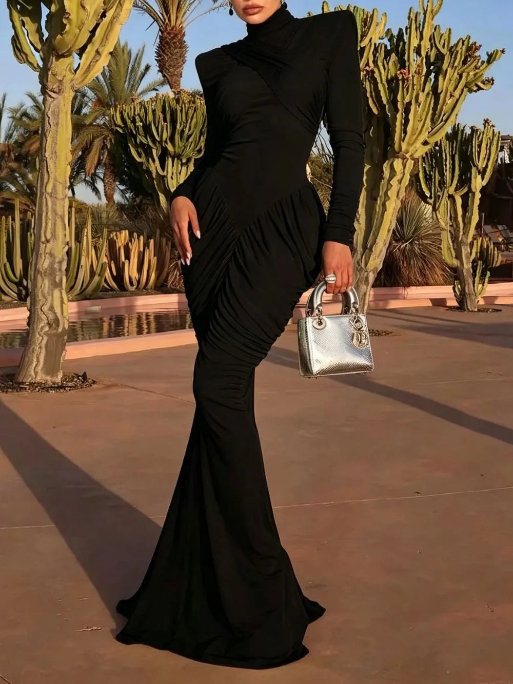 Long Sleeve Draped Maxi Dress Flowering Girl