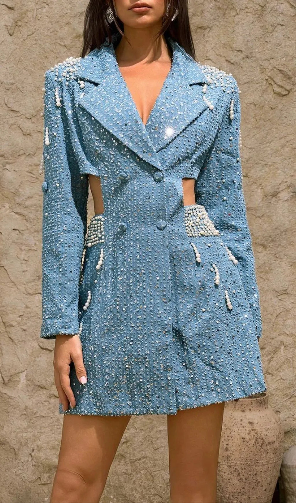 Dharinija Long Sleeve Pearl Cutout Denim Dress Flowering Girl