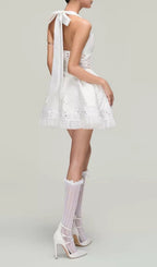 Dia White Halter Embroidery Mini Dress Flowering Girl
