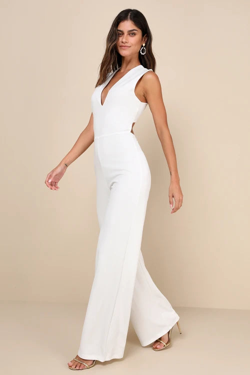 Thinking Out Loud White Backless Jumpsuit Flowering Girl