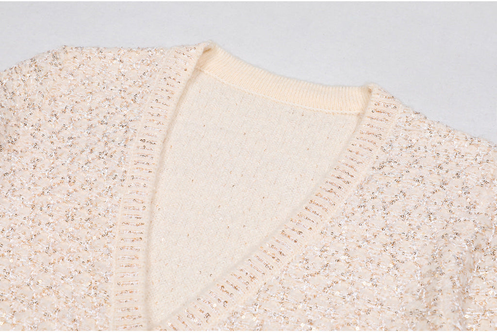 Sequin Knit v-Neck Cardigan In Beige Flowering Girl
