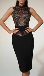 Alodie Stand Collar Lace Bandage Midi Dress Flowering Girl