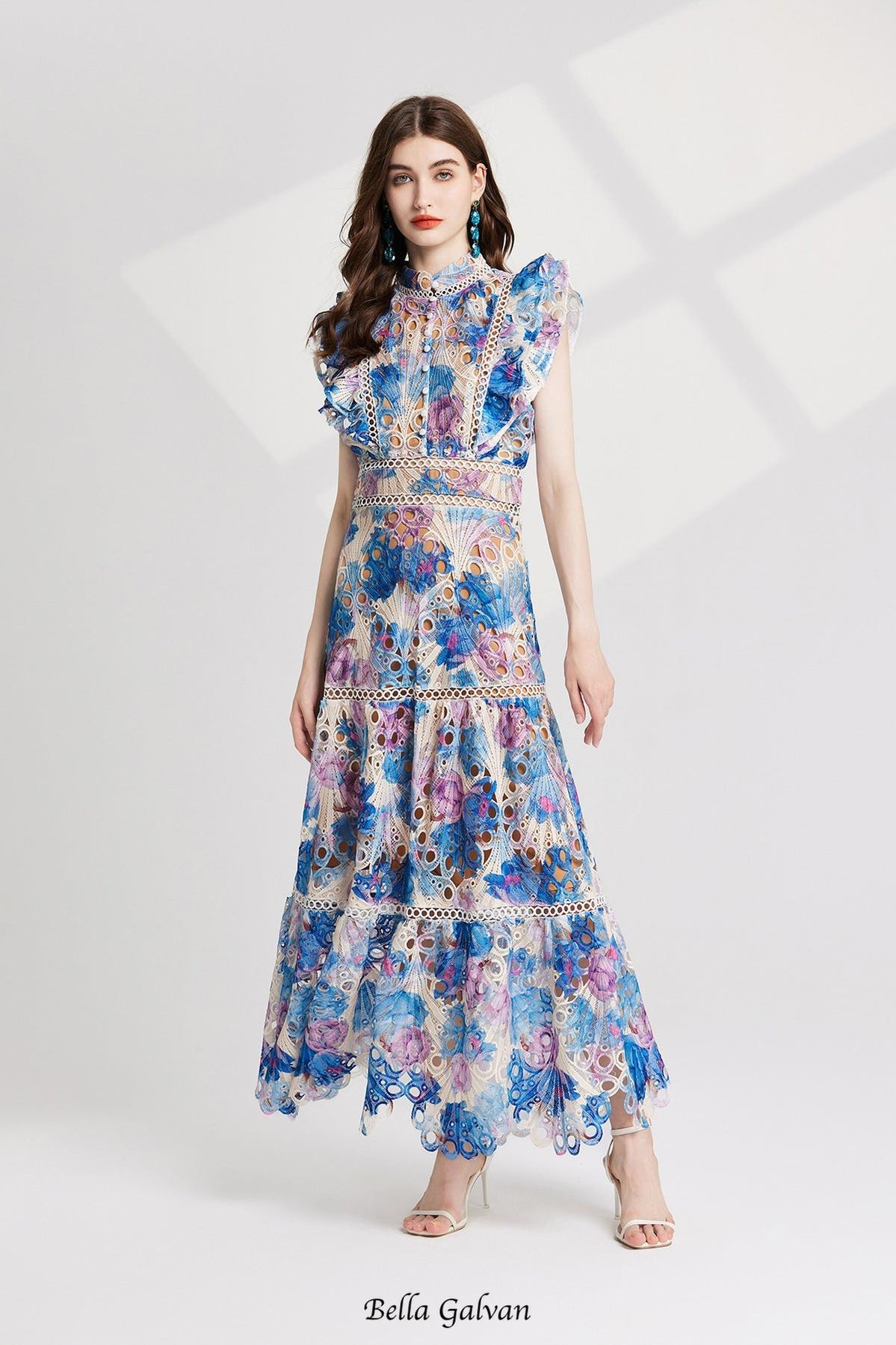 chloe hollow out flower embroidery maxi dress in blue Flowering Girl