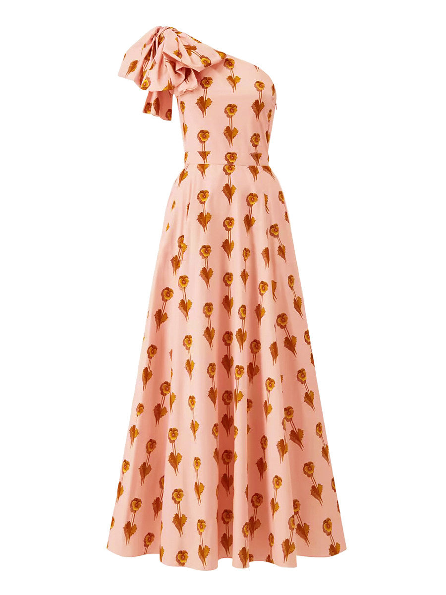 Pink Printed Bows Slanted Shoulders Dress Flowering Girl