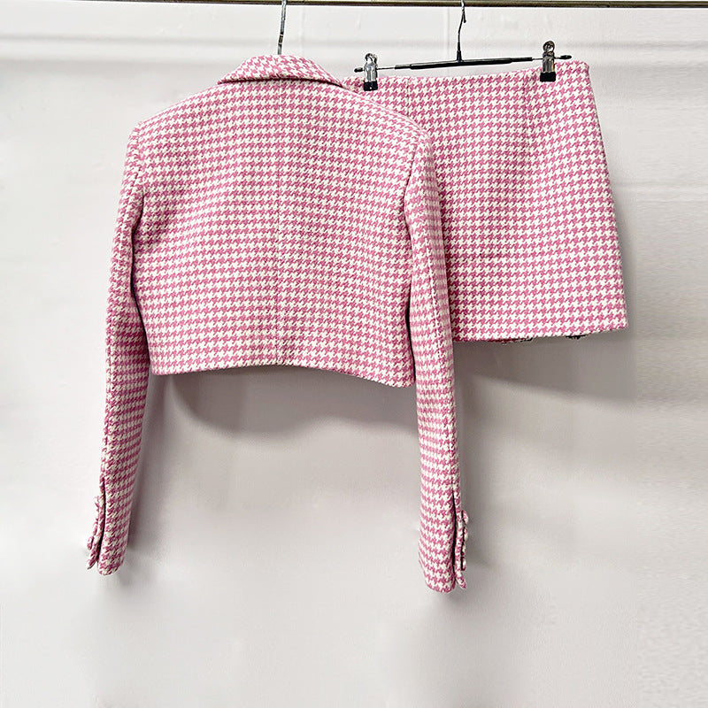 Helen Embellished Checked Wool-Blend Blazer Set In Pink Flowering Girl