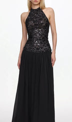 Encho Halter Ruched Mesh Sequin Maxi Dress Flowering Girl