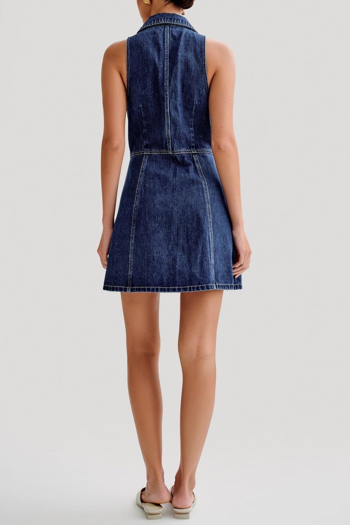 Eartha Collared Denim Mini Dress - Dark Blue Flowering Girl