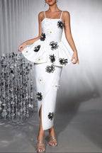 White Bodycon Midi Dress Bandage Elastic Sling With Handmade Flower Flowering Girl