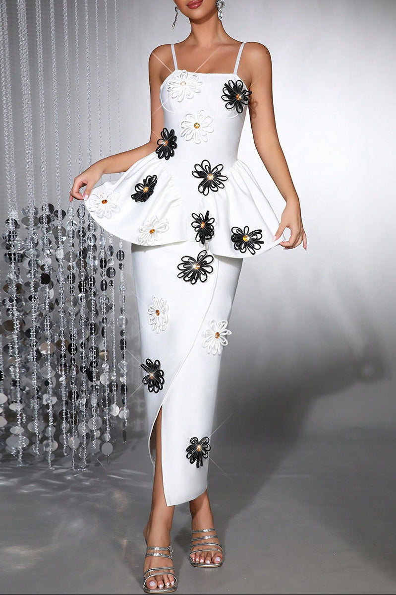 White Bodycon Midi Dress Bandage Elastic Sling With Handmade Flower Flowering Girl
