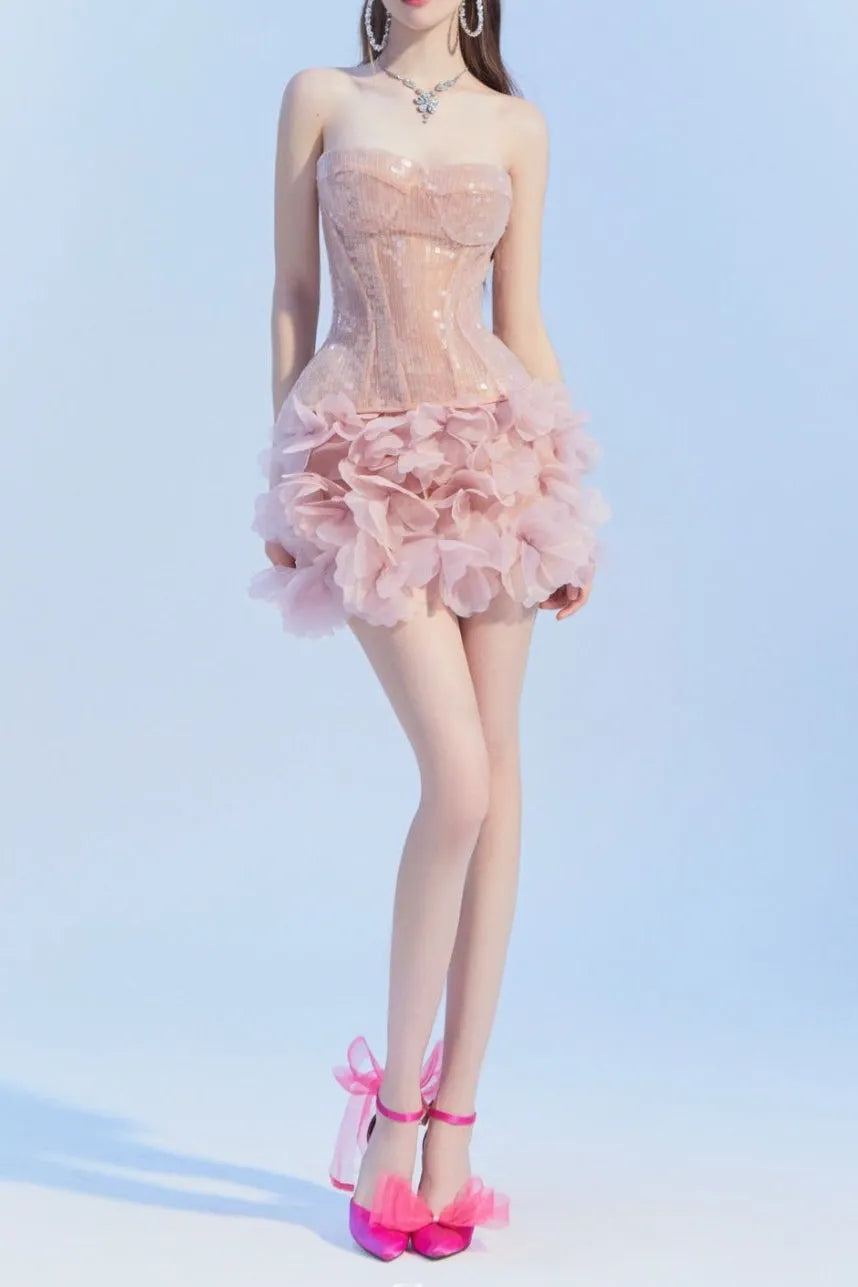 Strapless Corset Mini Dress In Pink Flowering Girl