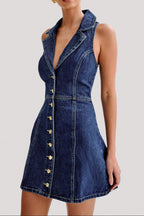 Eartha Collared Denim Mini Dress - Dark Blue Flowering Girl