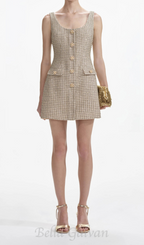 Sequin-embellished checked metallic bouclé-tweed mini dress in gold Flowering Girl