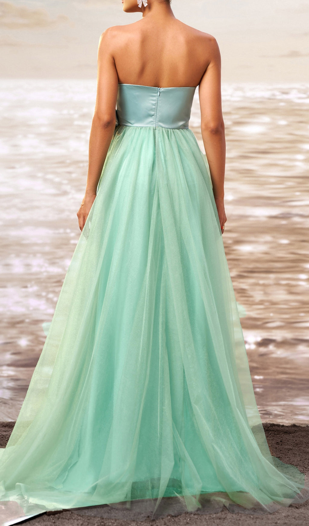 Dafna Mint Strapless Bow Mesh Maxi Dress Flowering Girl