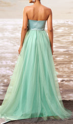 Dafna Mint Strapless Bow Mesh Maxi Dress Flowering Girl