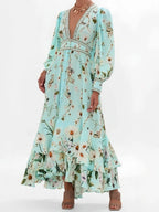 Mariela Green Floral Long Sleeve Maxi Dress Flowering Girl