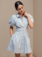 Blue White Stripe Collared Puff Sleeve Button Front Mini Shirt Dress Flowering Girl