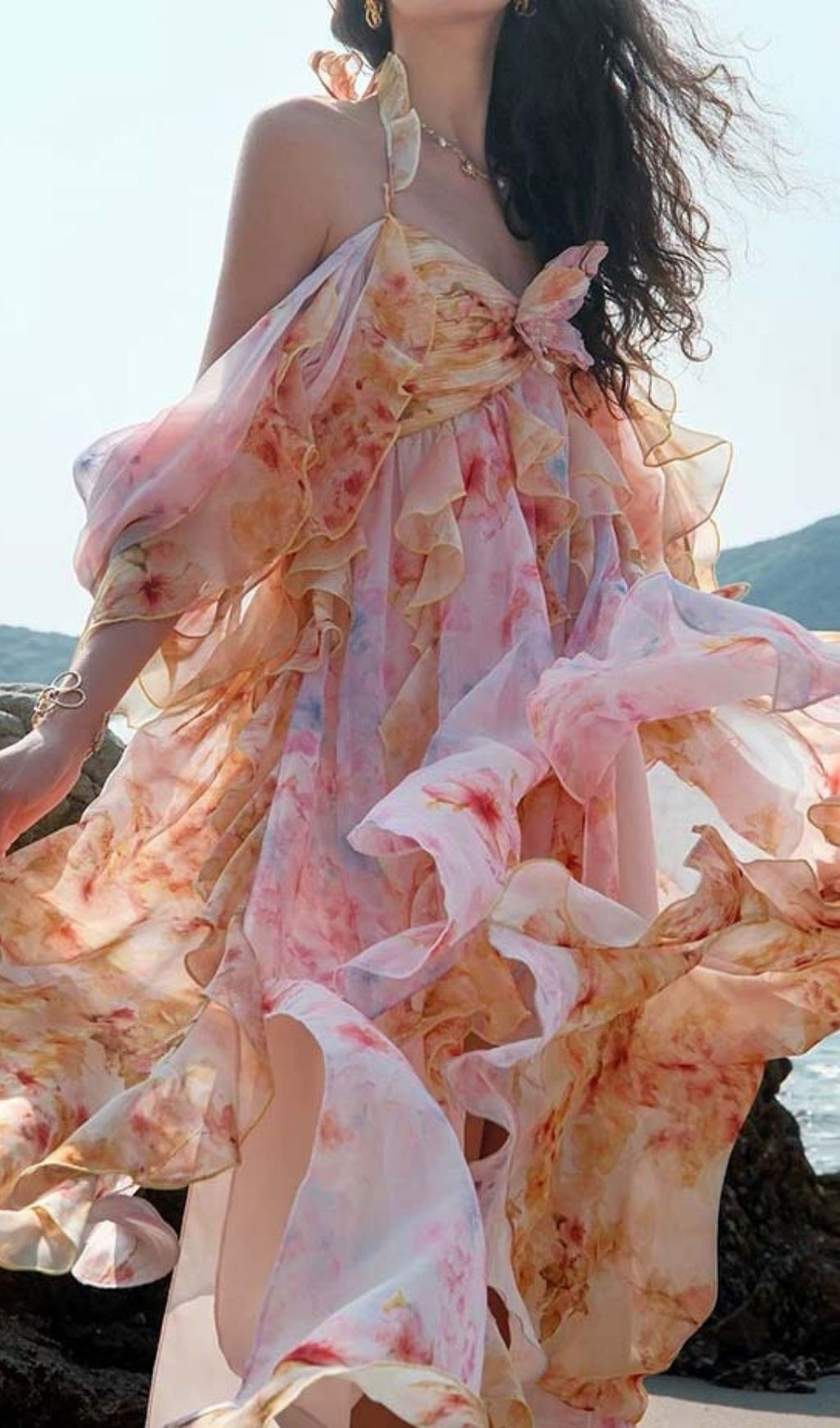 Komali Printed Butterfly Ruffle Maxi Dress Flowering Girl