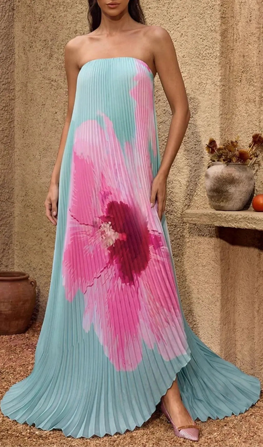 Yexila Strapless Floral Pleated Maxi Dress Flowering Girl