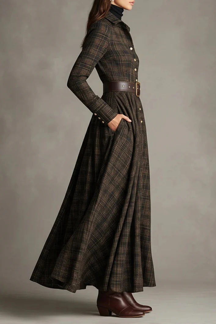 Long Sleeve Printed Lapel Elastic Cinched Maxi Dress Flowering Girl