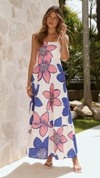 Penelope Botanic Blue-Pink Print Eyelet Maxi Dress Flowering Girl