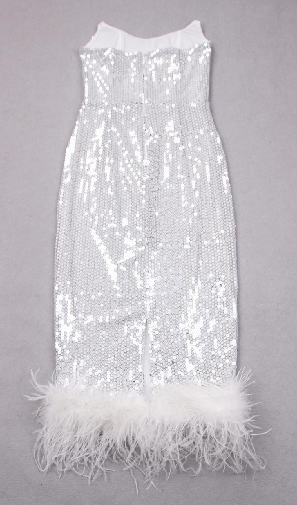 Sequin Feather Midi Dress In White Flowering Girl