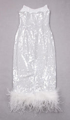 Sequin Feather Midi Dress In White Flowering Girl