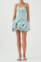 moira floral strapless Puffy mini dress in blue Flowering Girl