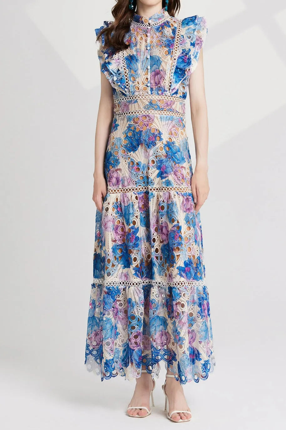 chloe hollow out flower embroidery maxi dress in blue Flowering Girl