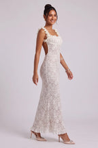 White Lace Maxi Dress with Ruffled Square Neckline Flowering Girl