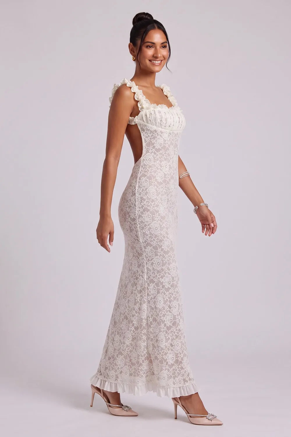 White Lace Maxi Dress with Ruffled Square Neckline Flowering Girl
