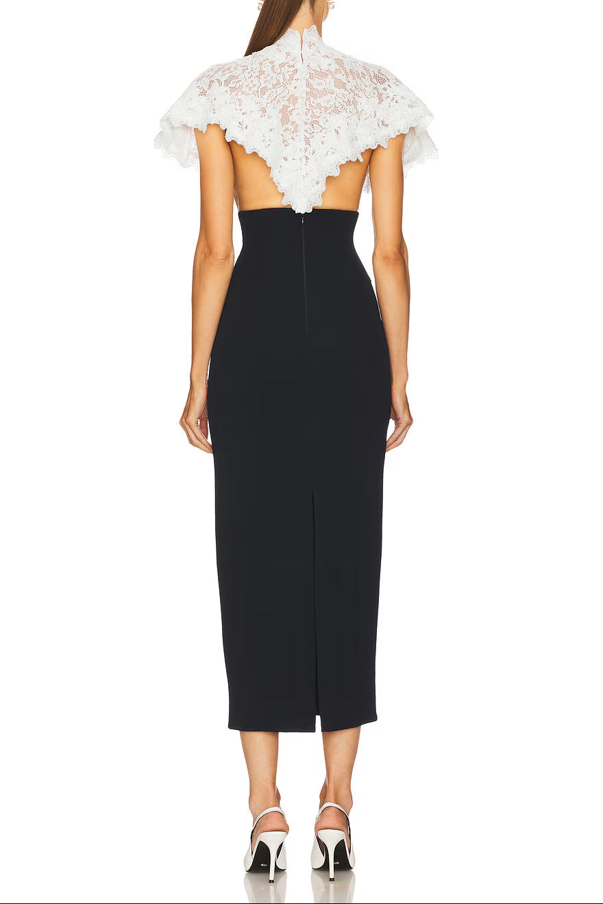 Alice Lace Patchwork Shawl Bodycon Midi Dress In Black Flowering Girl