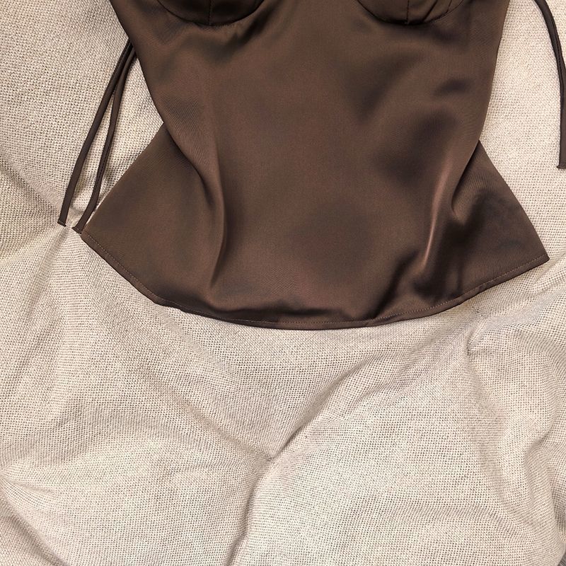 Dark Brown Satin Structured Corset Top Flowering Girl
