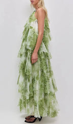 Claire Green Floral Print Pleated Layer Maxi Dress Flowering Girl
