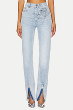 Quinta Floral Zip-Hem Skinny Jeans in pale blue Flowering Girl