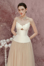Two-Tone Hollow Tube Top Tulle Midi Dress Flowering Girl
