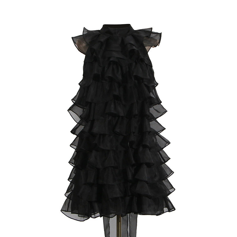 Poppy Ruffle Silk Organza Sleeveless Mini Dress In Black Flowering Girl