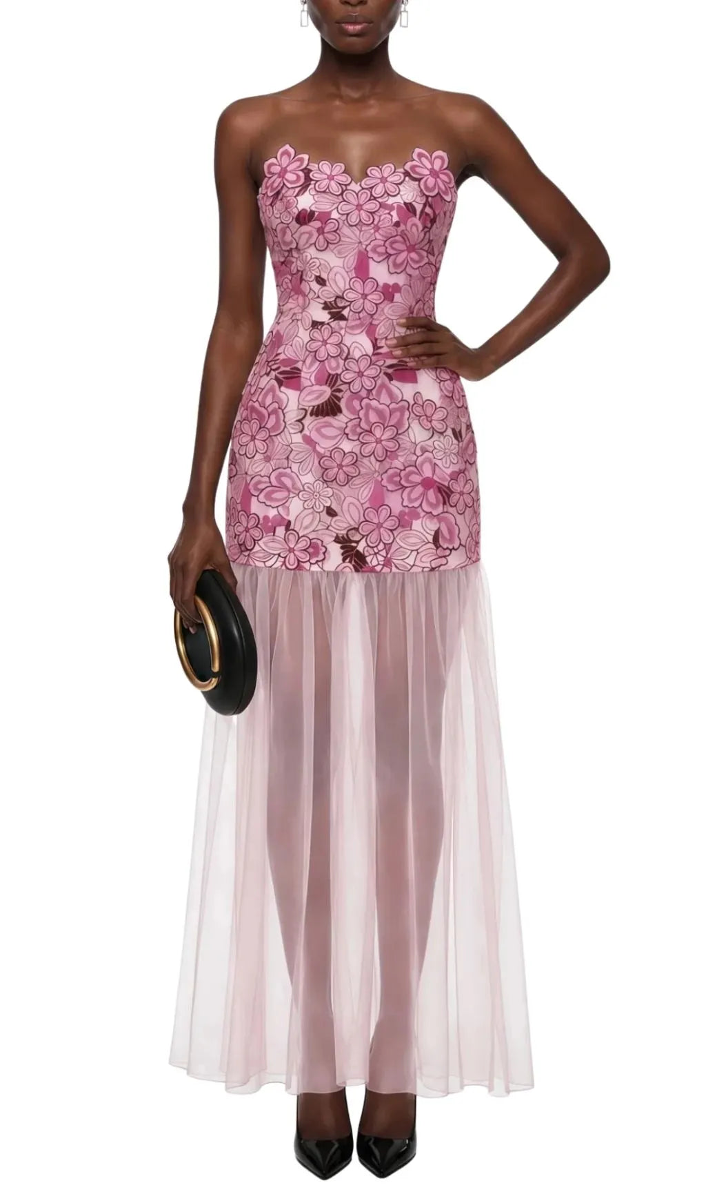Pansya Floral Embroidery Strapless Maxi Dress - Pink Flowering Girl