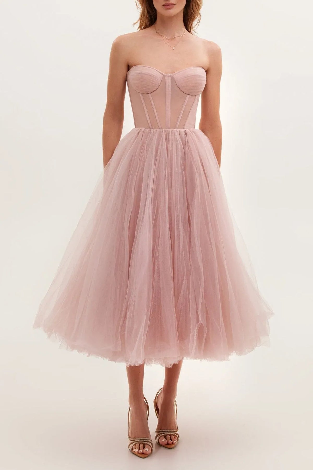 Misty Rose Strapless Puffy Midi Tulle Dress Flowering Girl