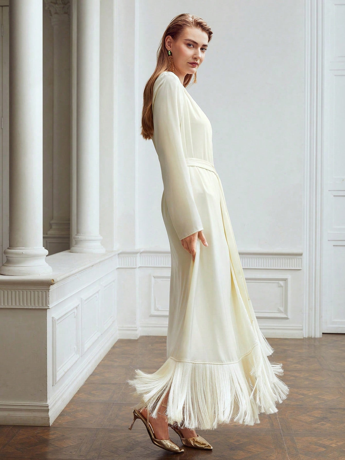Belted Satin Fringe-Hem Dress Flowering Girl