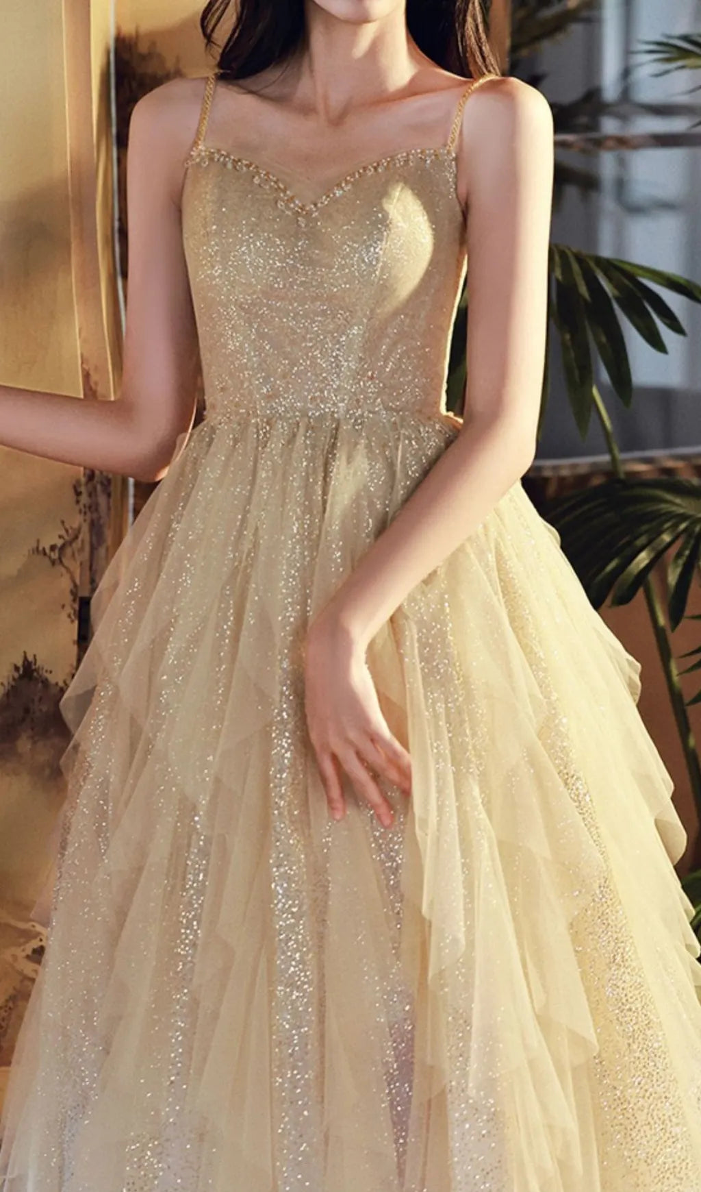 Chinara Champagne Mesh Bling Maxi Dress Flowering Girl