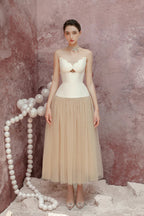 Two-Tone Hollow Tube Top Tulle Midi Dress Flowering Girl