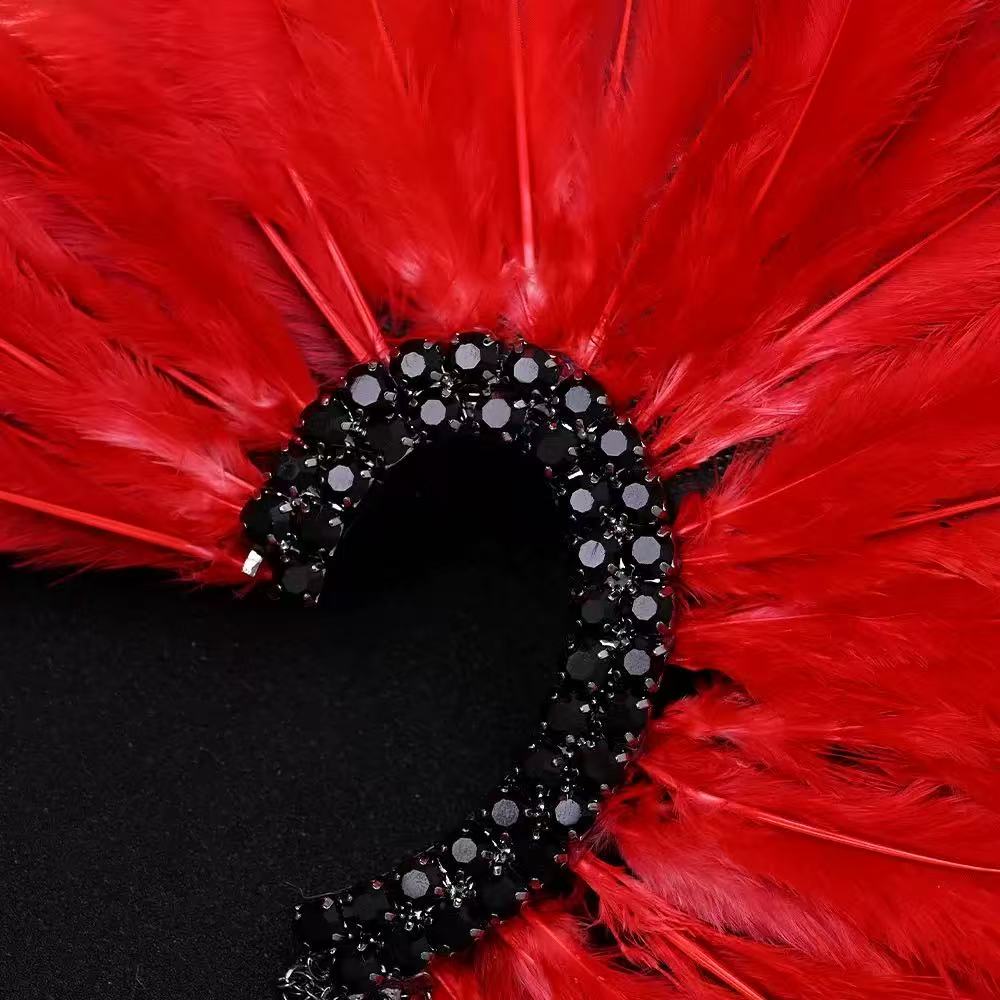Dramatic Red Feather Ear Cuff, Black Rhinestone Ear Wrap with Silver Chain Tassel Flowering Girl