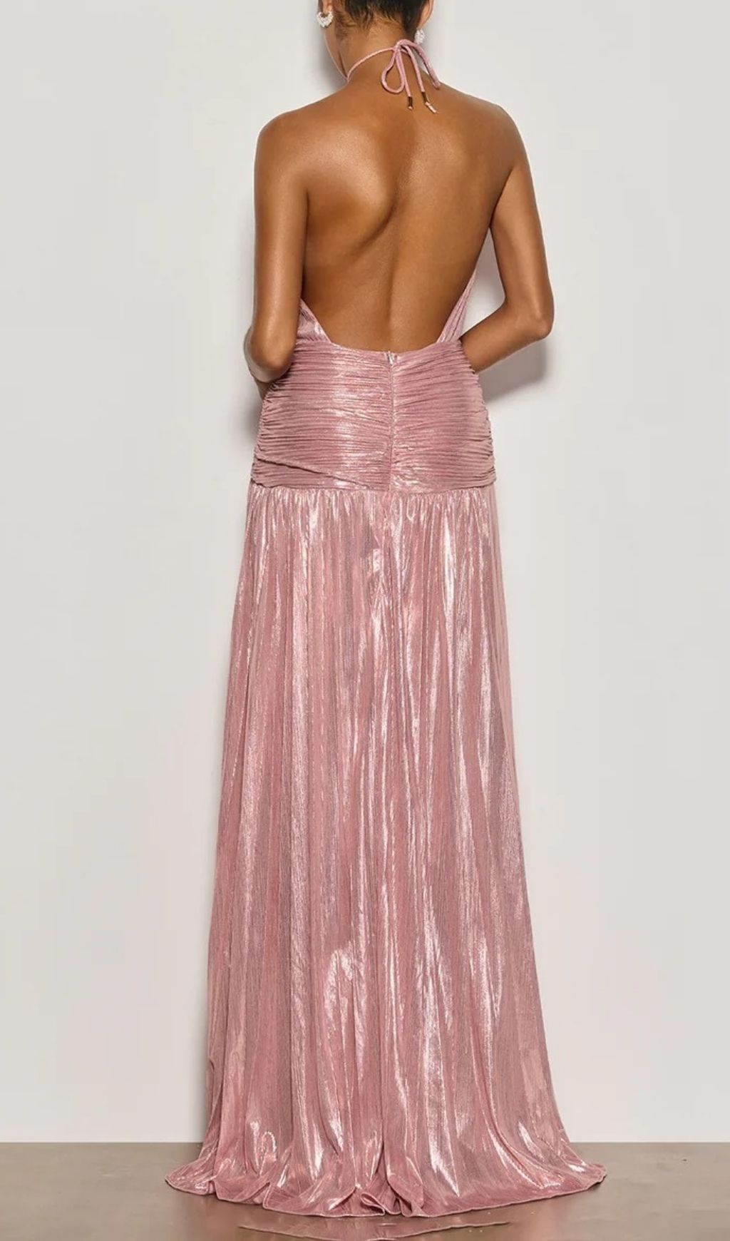 Syriona Halterneck Split Pleated Metallic Maxi Dress In Pink Flowering Girl