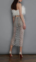 Feather Sequin Two Piece Set In White Flowering Girl