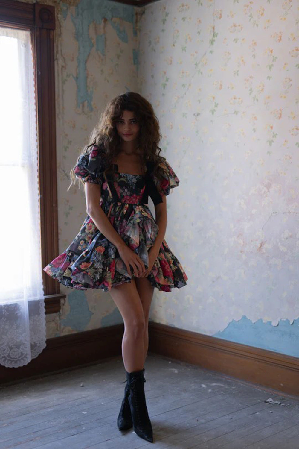 basia floral print ruffle trim hem puff mini dress Flowering Girl