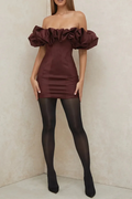 Burgundy Satin Ruffle Strapless Mini Dress Flowering Girl